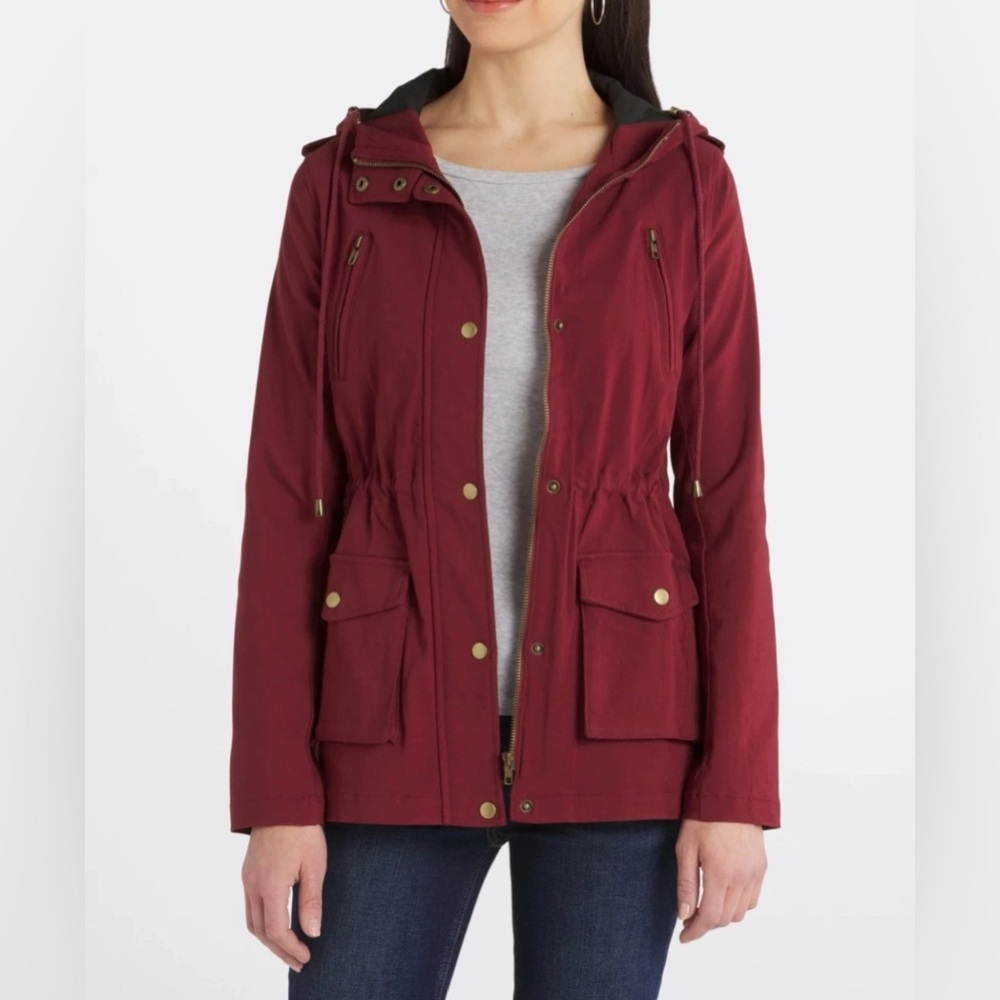 Eden Society Holly Contrast Hood Cargo Utility Jacket Plum Burgundy Size-Medium